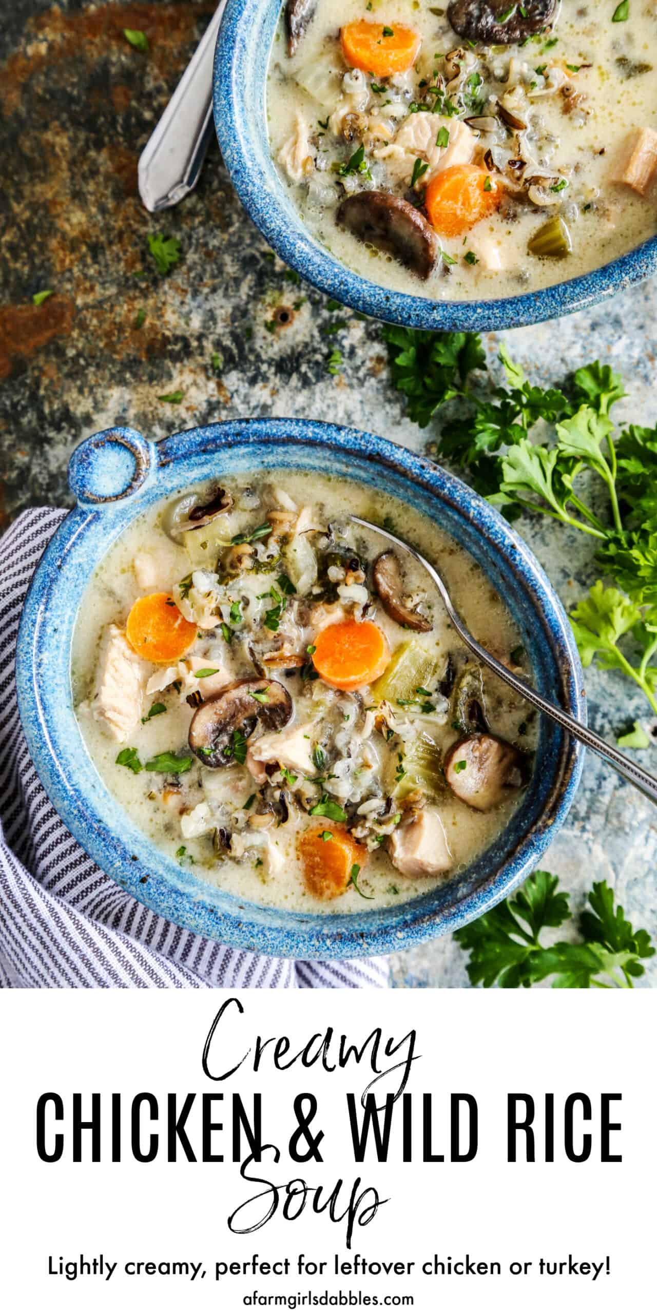 Pinterest image for creamy chicken and wild rice soup.