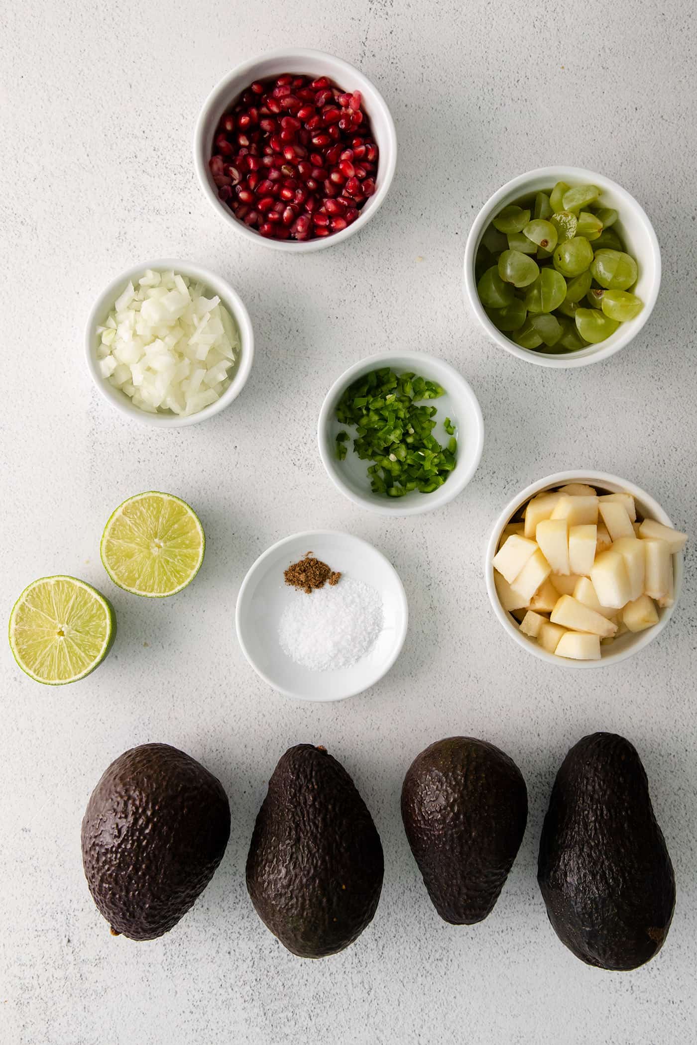 Overhead view of holiday guacamole ingredients