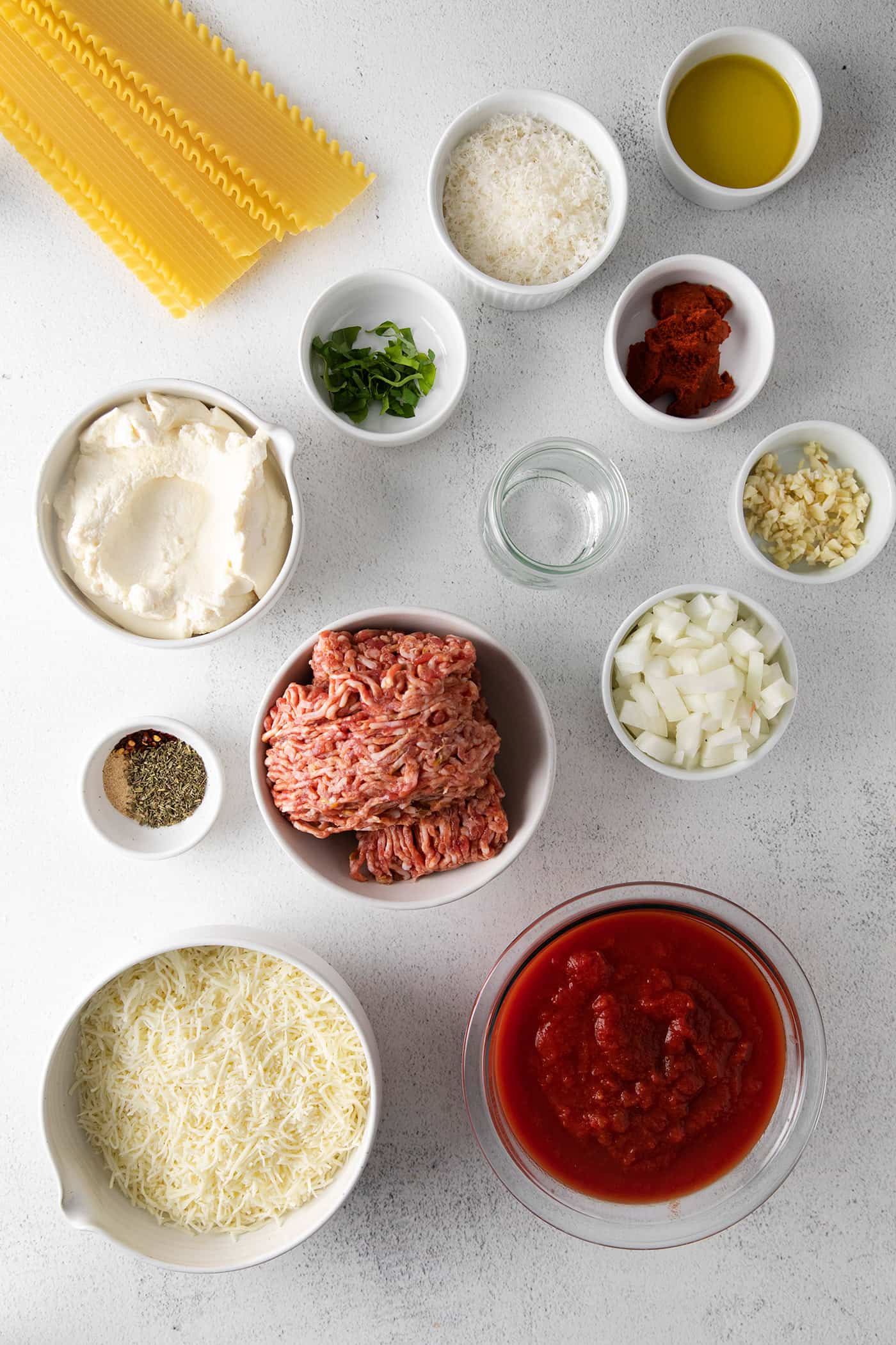 Ingredients for homemade lasagna with meat sauce