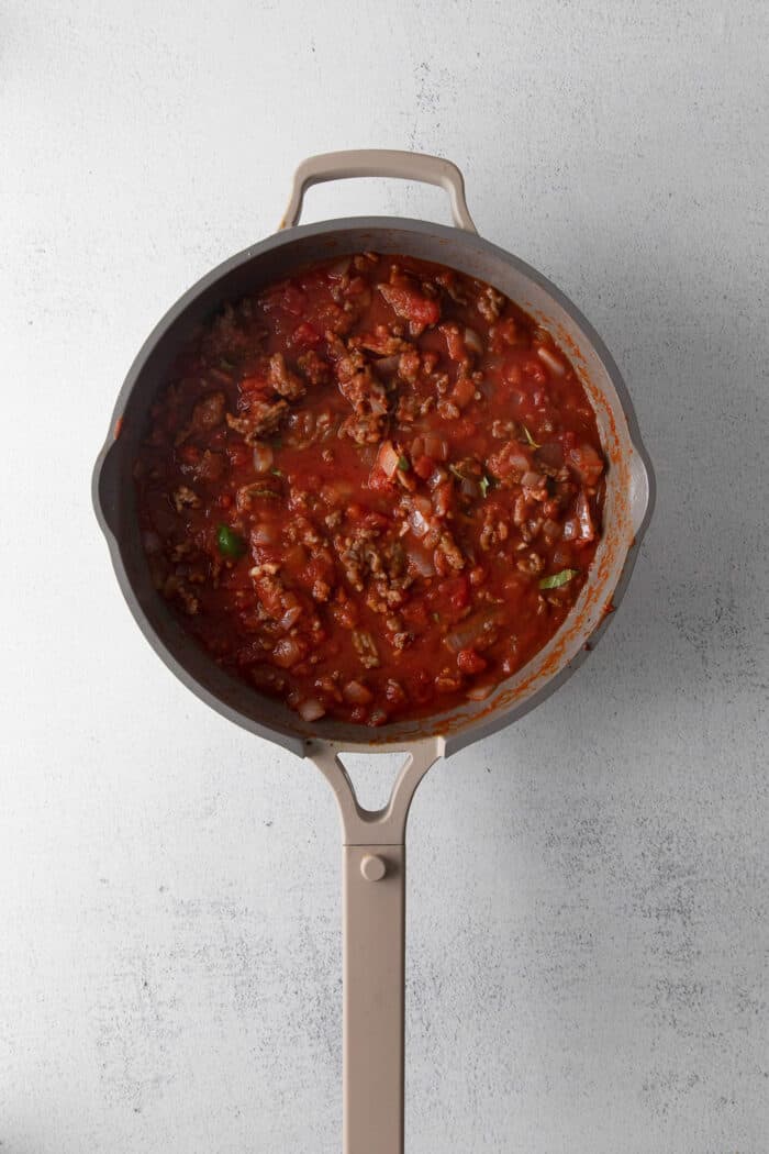 Meat sauce in a skillet