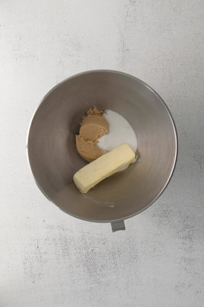 Sugar and butter in a mixing bowl