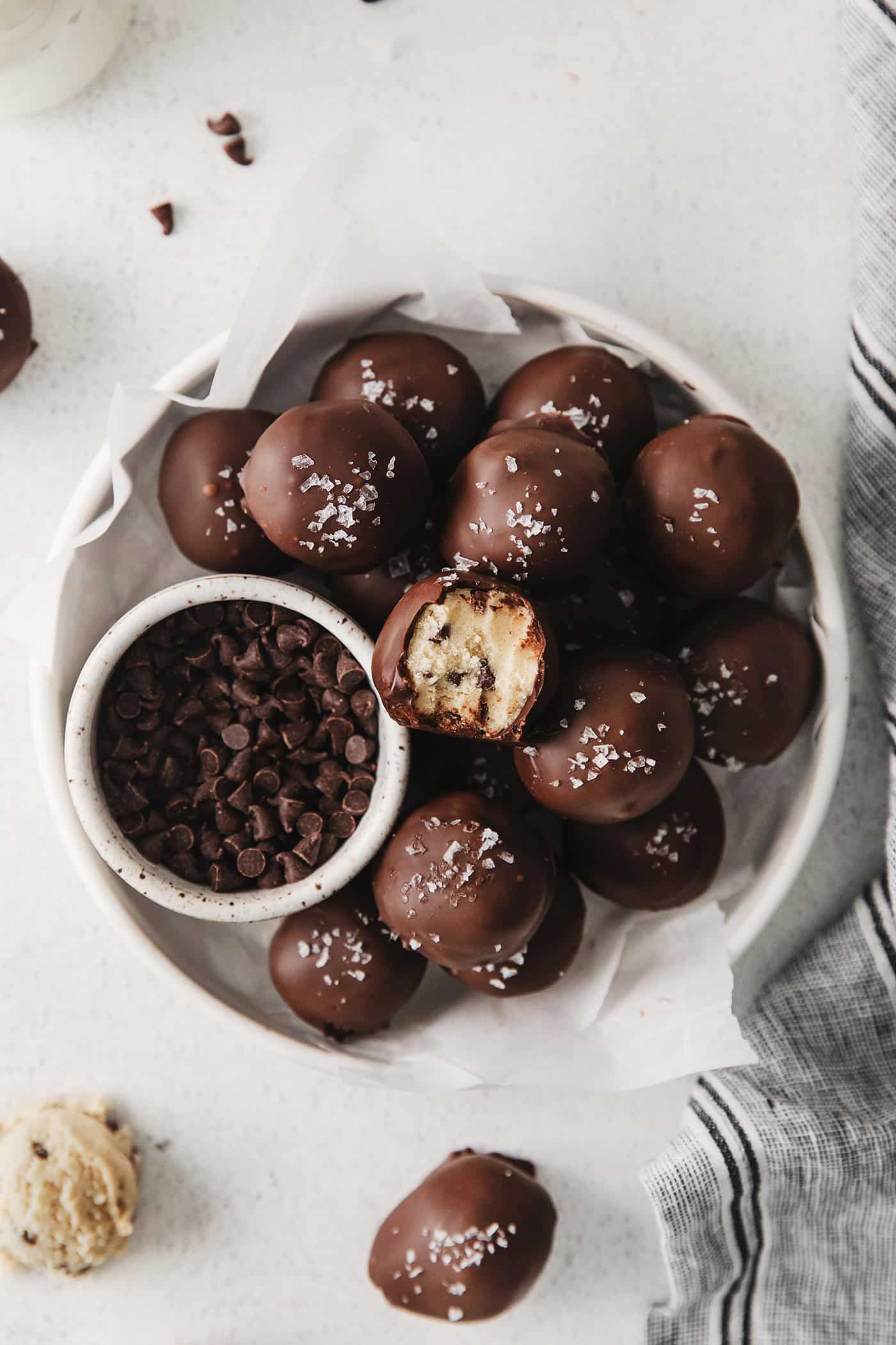 overhead view of a plate of cookie dough truffles