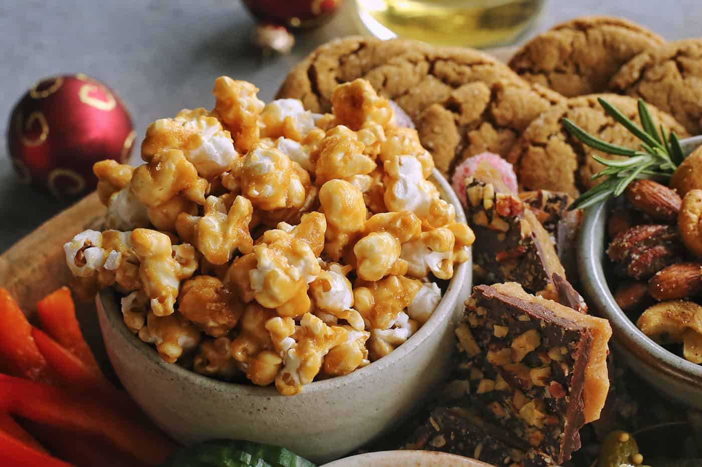 caramel corn in a pottery bowl