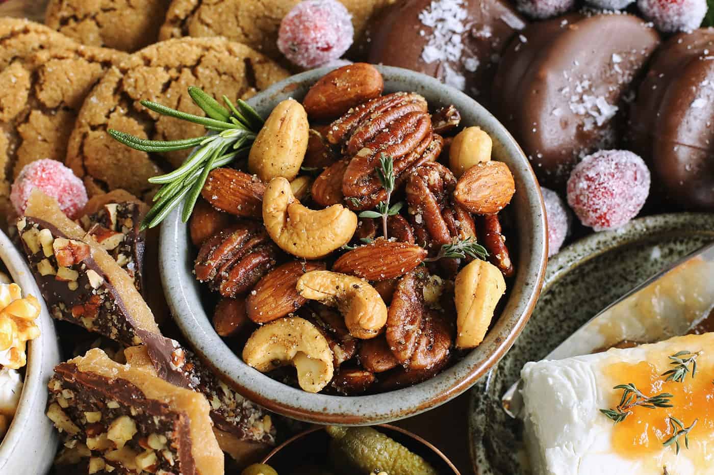 spiced nuts in a pottery bowl