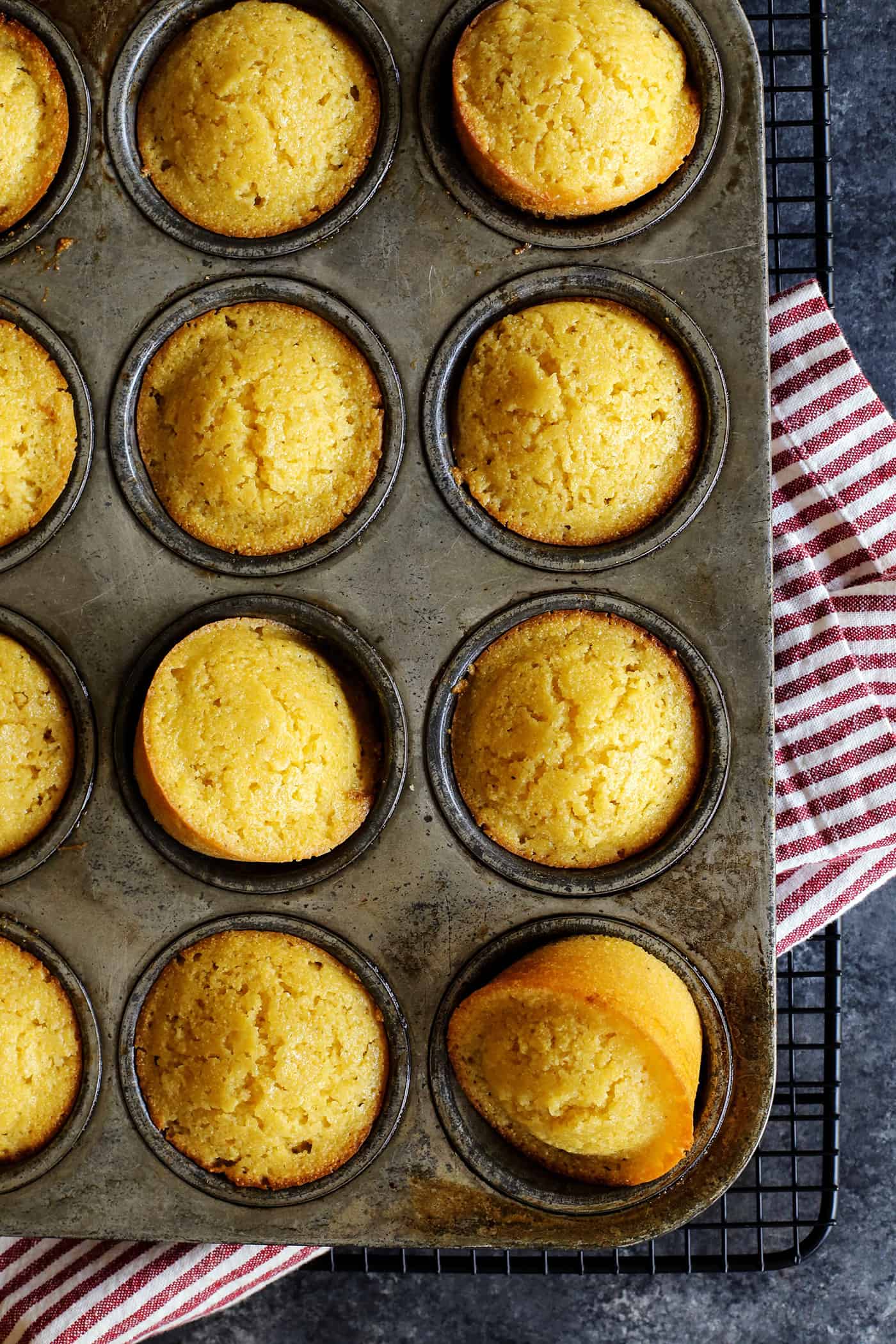 overhead photo of pan of cornbread muffins