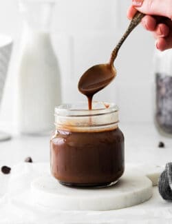 A spoon over a glass jar over hot fudge sauce