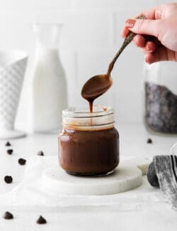 A spoon over a glass jar over hot fudge sauce