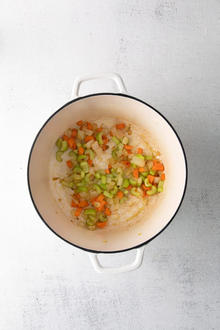 Diced celery oarrots, and onion in a soup pot