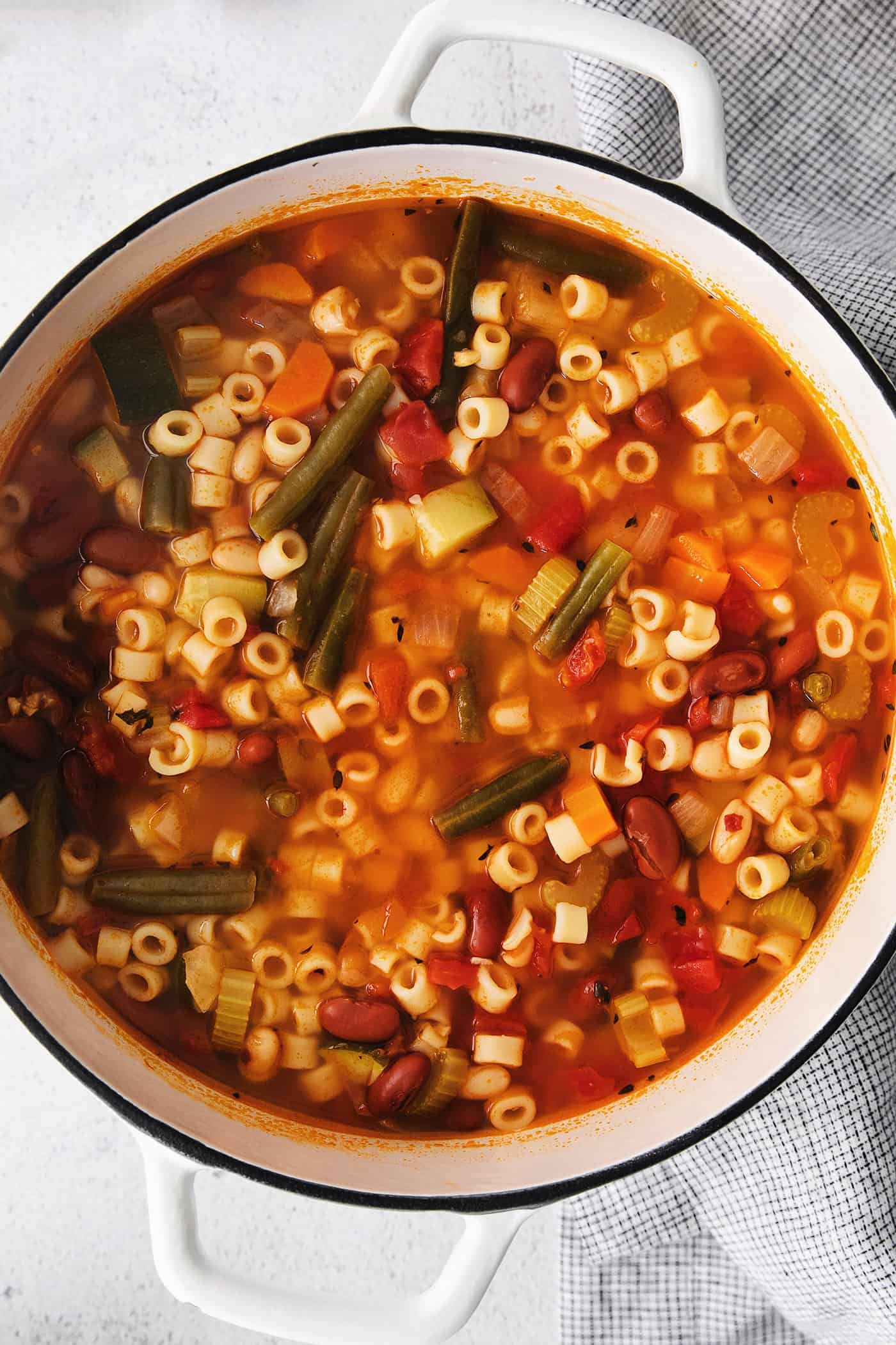 Close-up of Italian minestrone soup in a soup pot