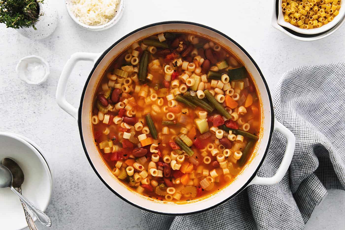 Overview view of a pot of minestrone soup