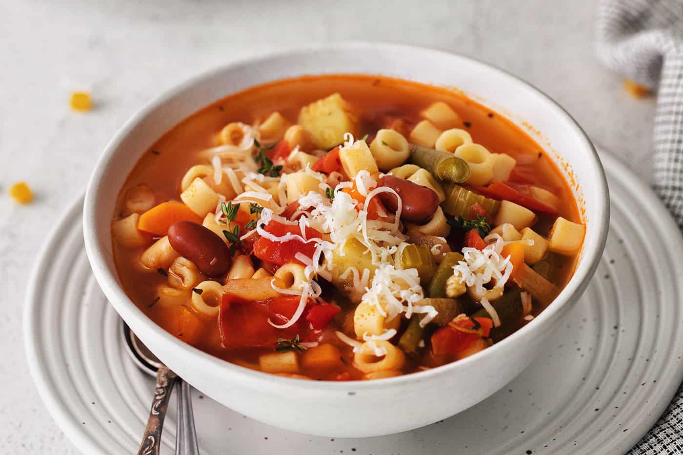 Close-up of a bowl of minestrone soup