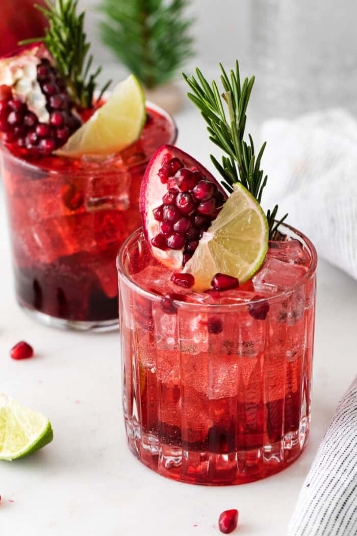 Angled view of two glasses of pomegranate gin and tonic