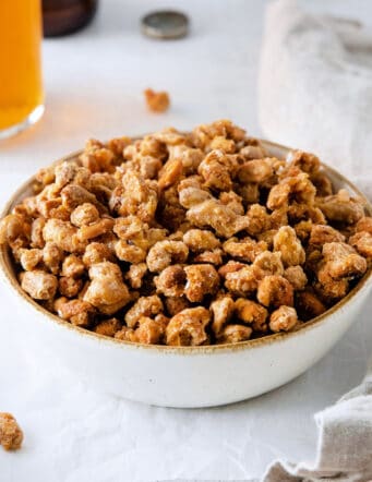 A big white bowl of homemade beer nuts