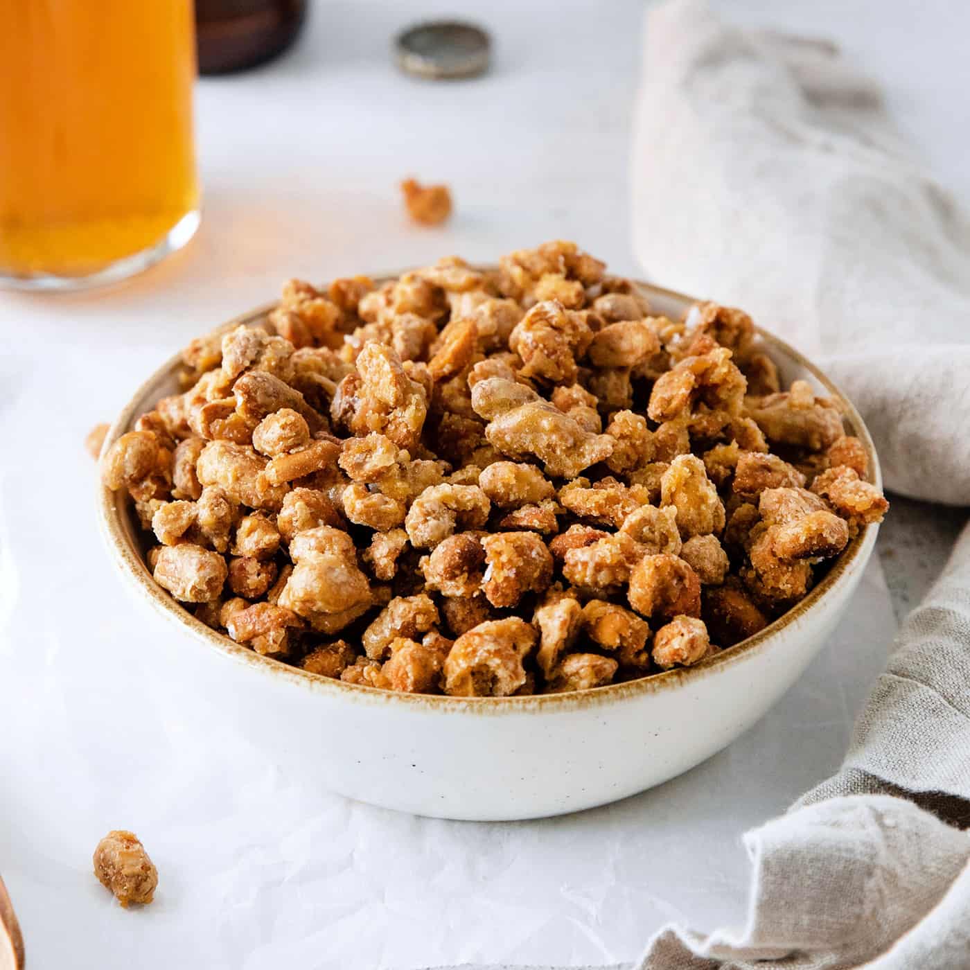 A big white bowl of homemade beer nuts