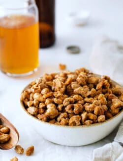 A big white bowl of homemade beer nuts