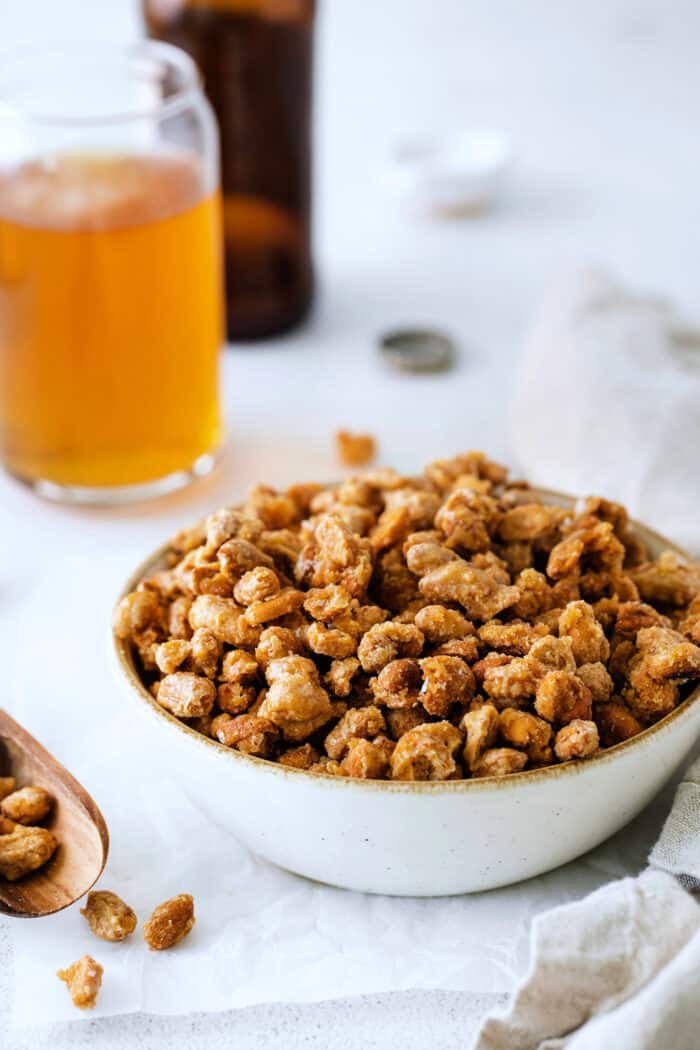 A big white bowl of homemade beer nuts