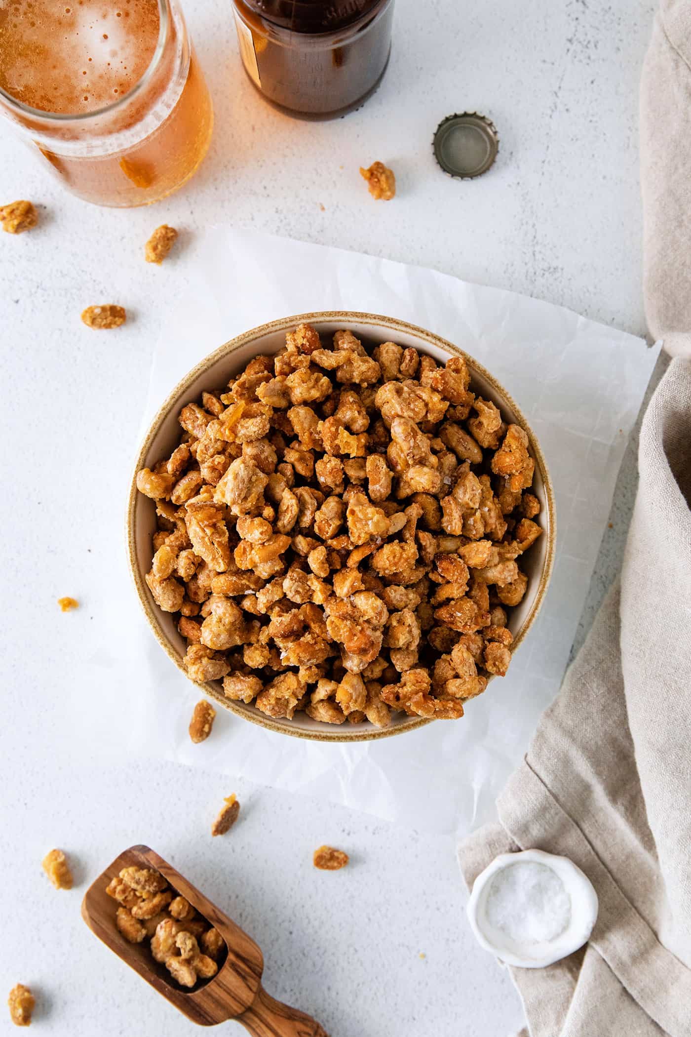 Overhead view of a big bowl of beer nuts