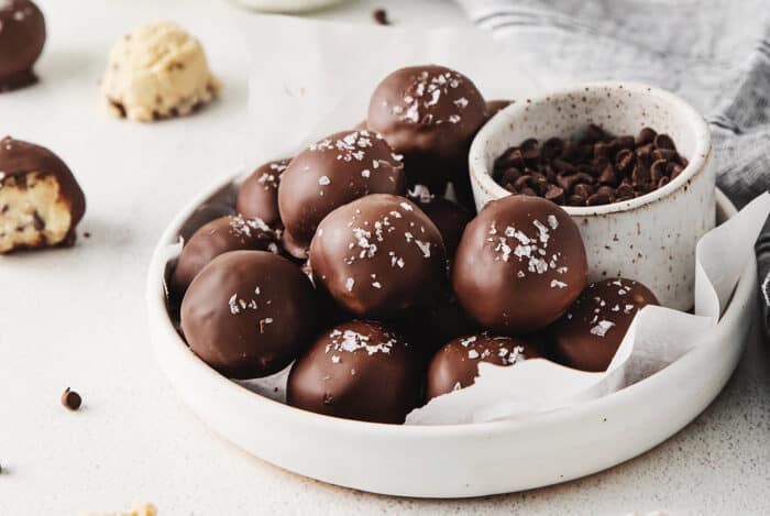 a dish of cookie dough truffles with sea salt
