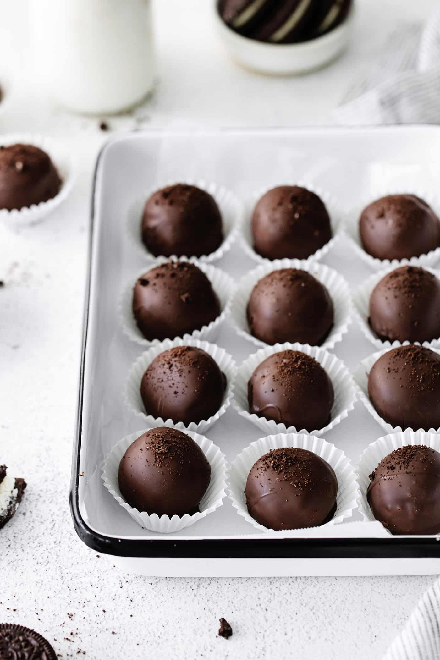 Angled view of a tray of Oreo truffles