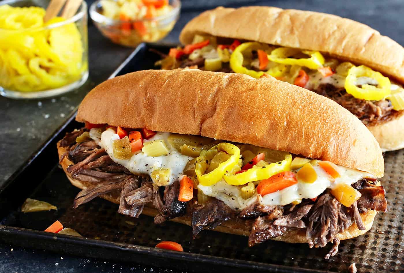 Angled view of two Italian beef sandwiches