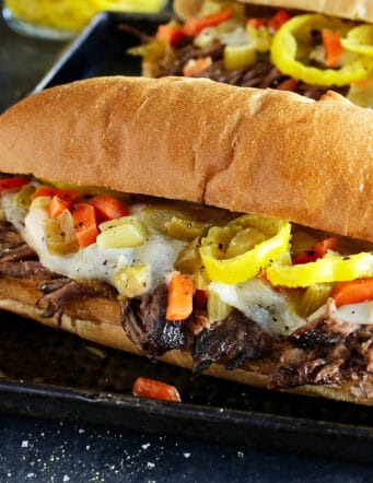 Angled view of an Italian beef sandwich