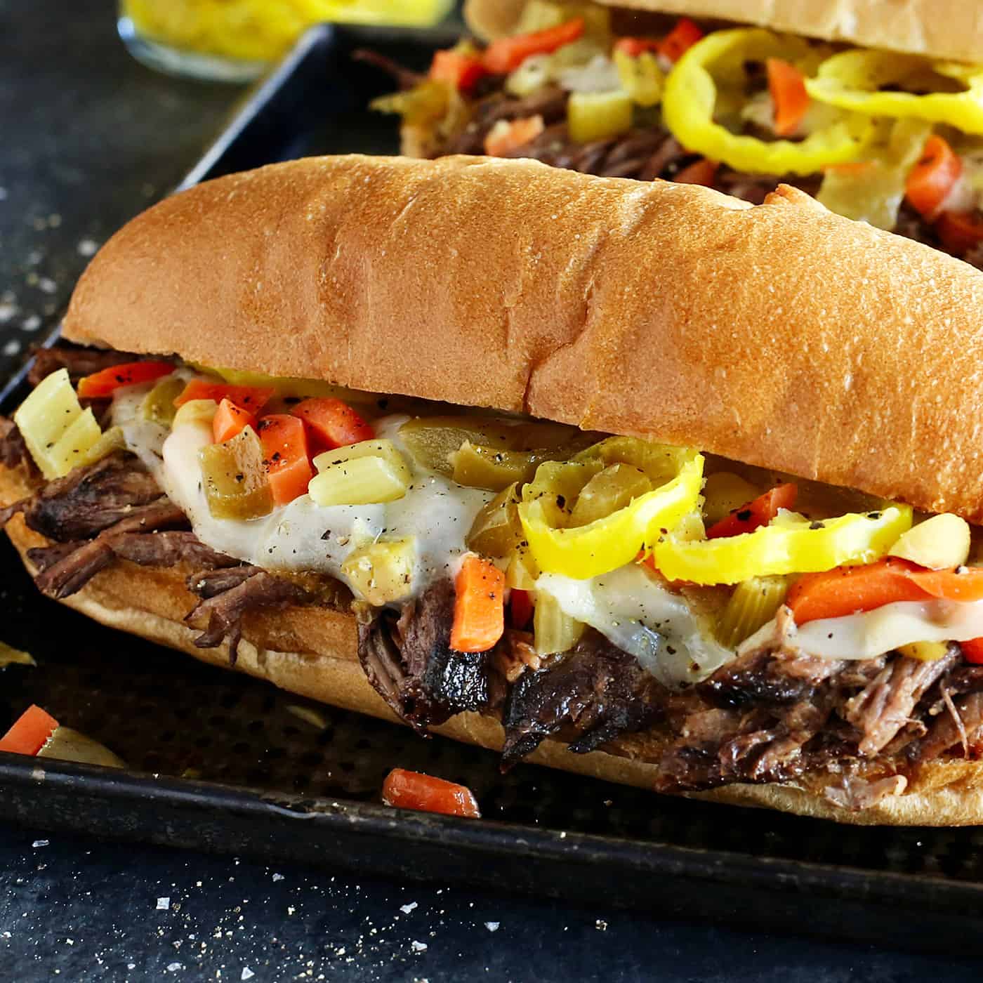 Angled view of an Italian beef sandwich