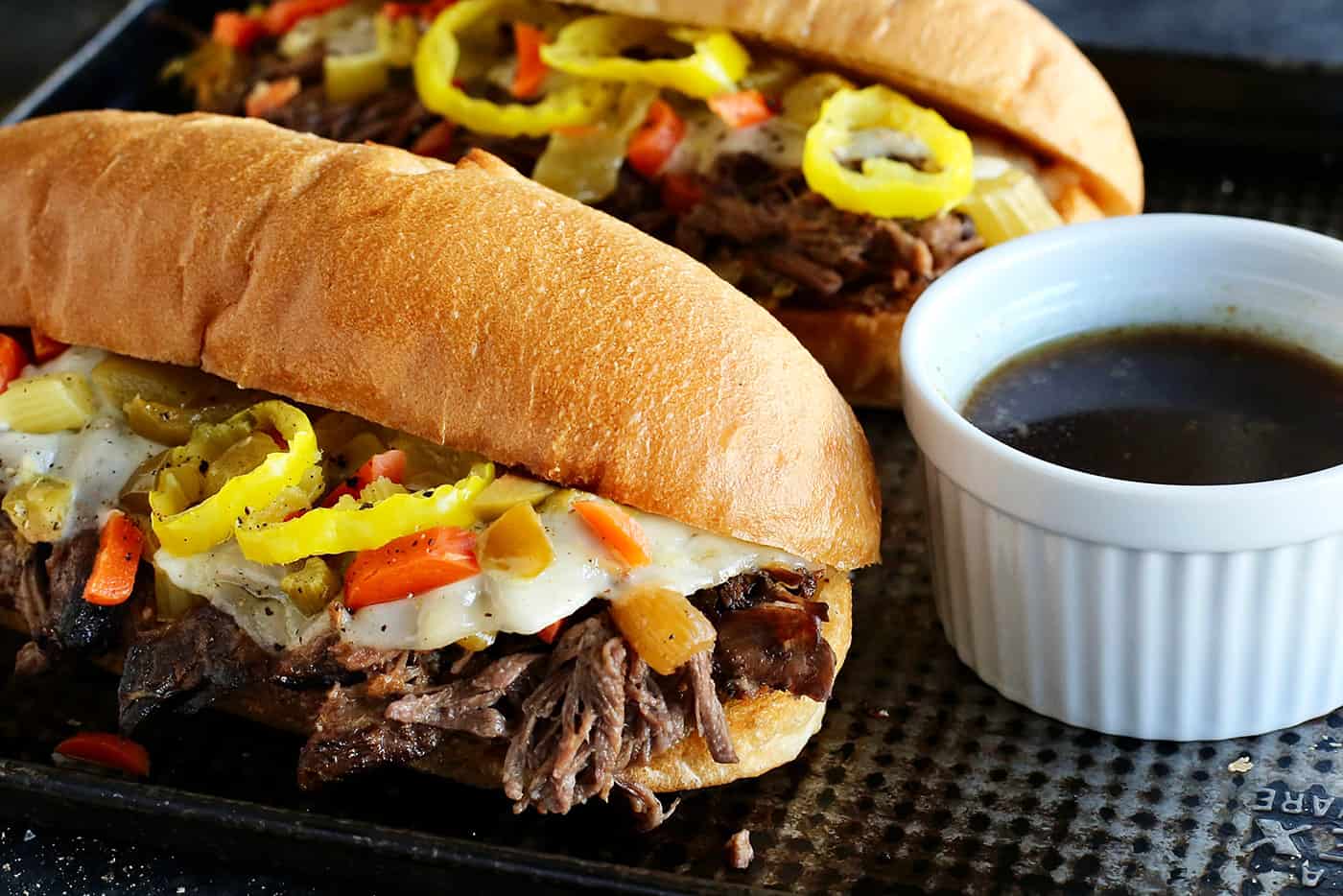 Close up of 2 Italian beef sandwiches