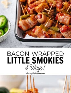 Pinterest image for bacon wrapped little smokies