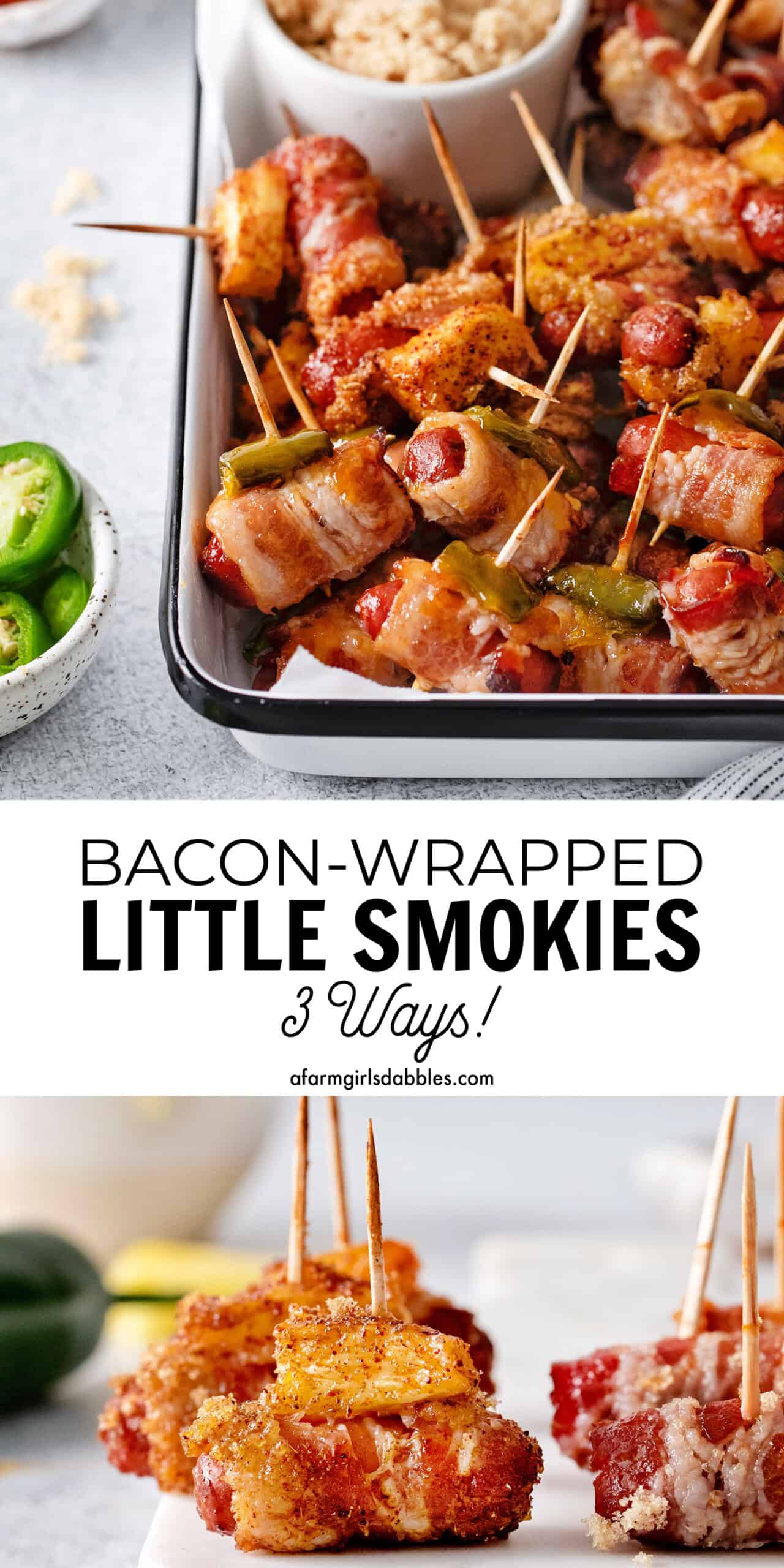 Pinterest image for bacon wrapped little smokies