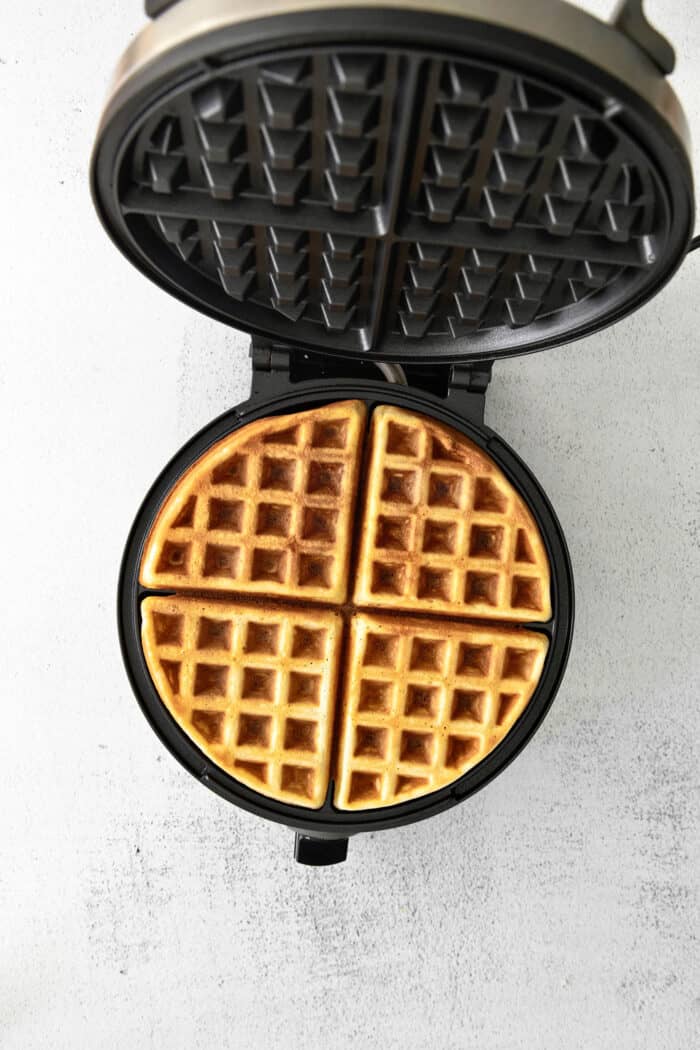 Overhead view of a waffle in a wafflemaker