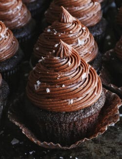 Close up of chocolate buttercream on cupcakes