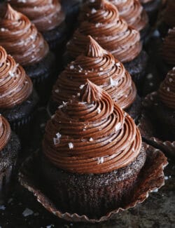Angled view of chocolate buttercream on chocolate cupcakes
