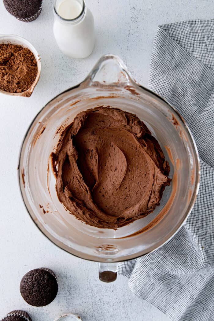 Buttercream frosting in a mixing bowl