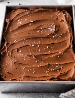 Overhead view of chocolate wacky cake with buttercream frosting in a pan