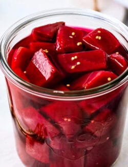 a jar of cubed beets that are pickled
