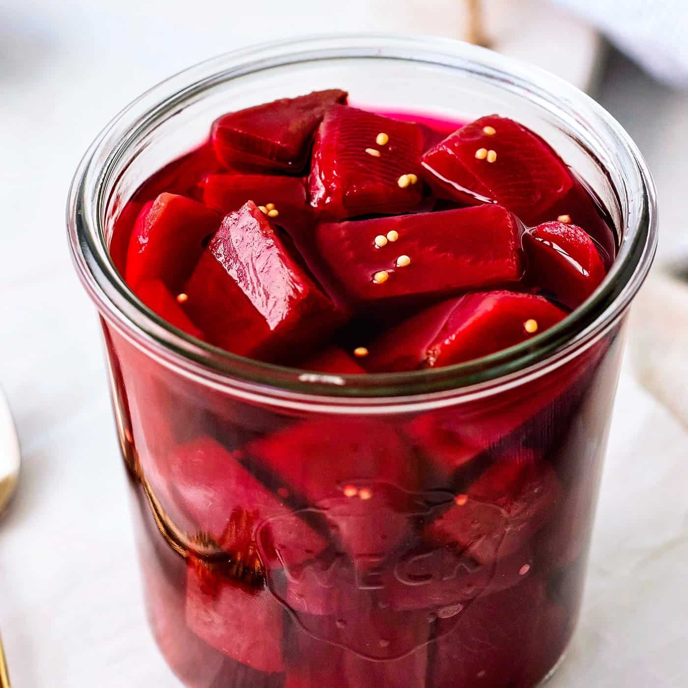 a jar of cubed beets that are pickled