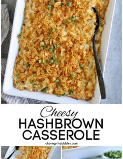 Pinterest image for cheesy hashbrown casserole