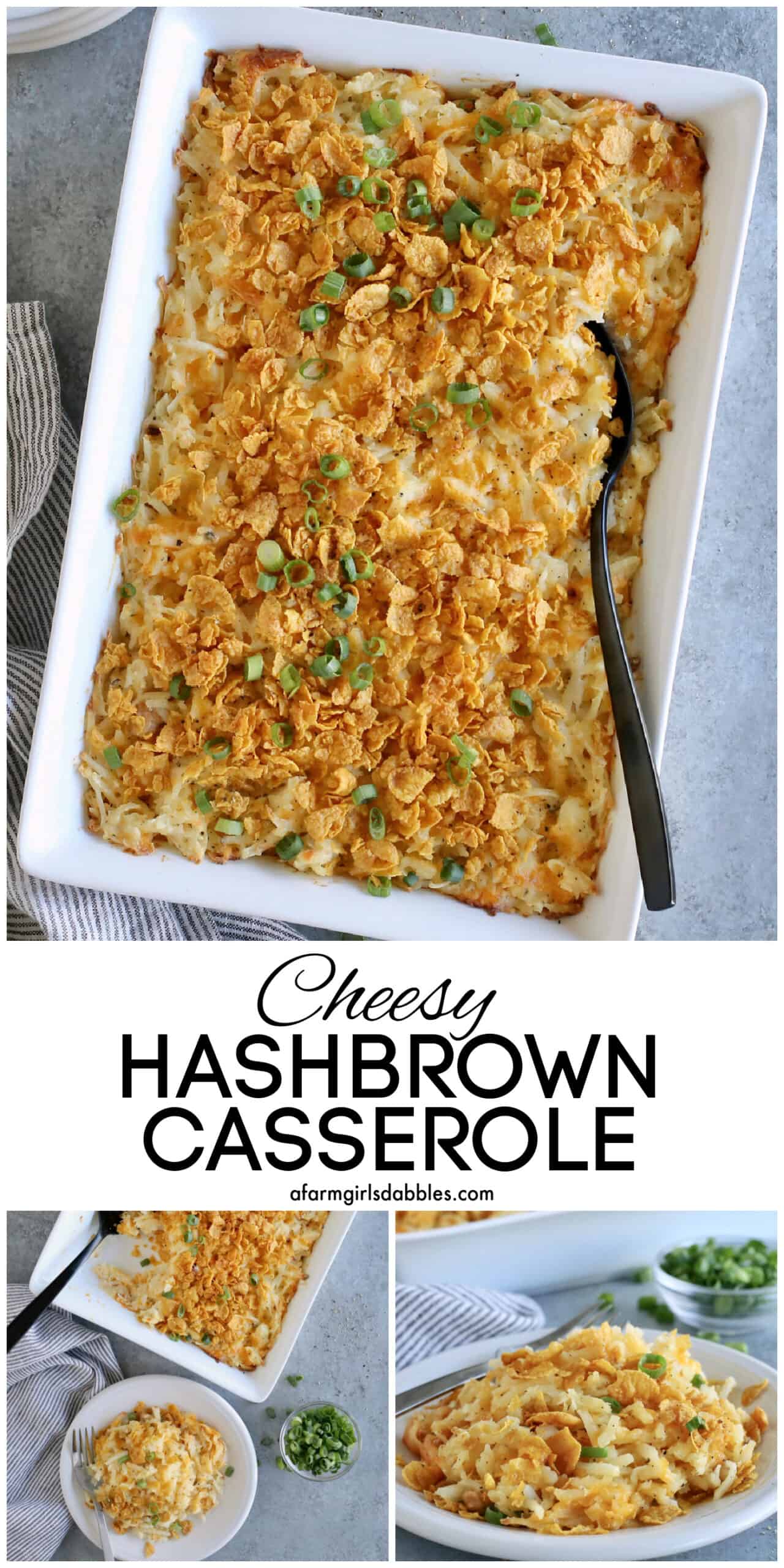 Pinterest image for cheesy hashbrown casserole