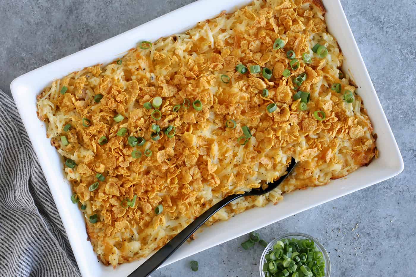 overhead photo of hashbrown casserole with cheese