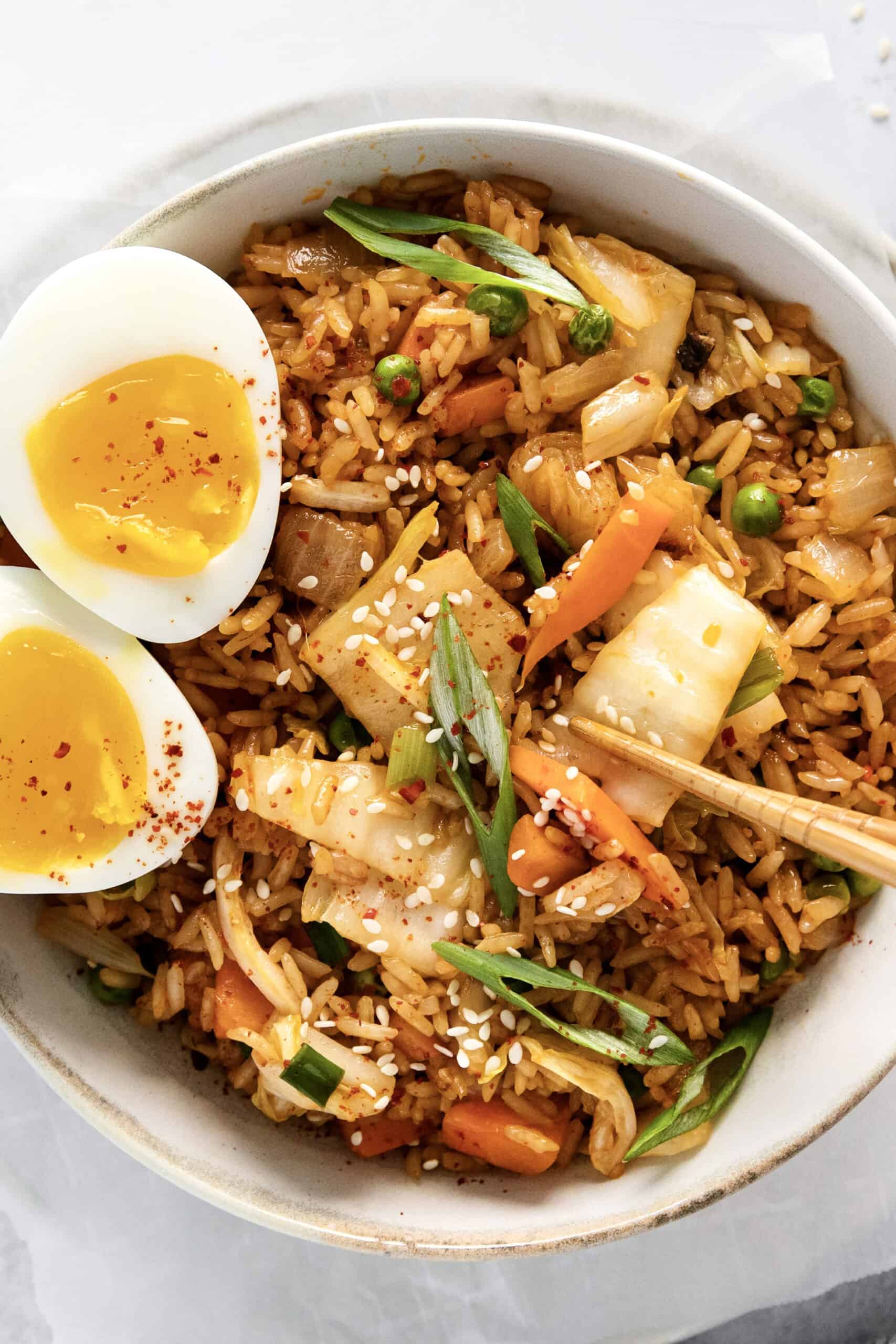 Close-up of kimchi rice in a bowl