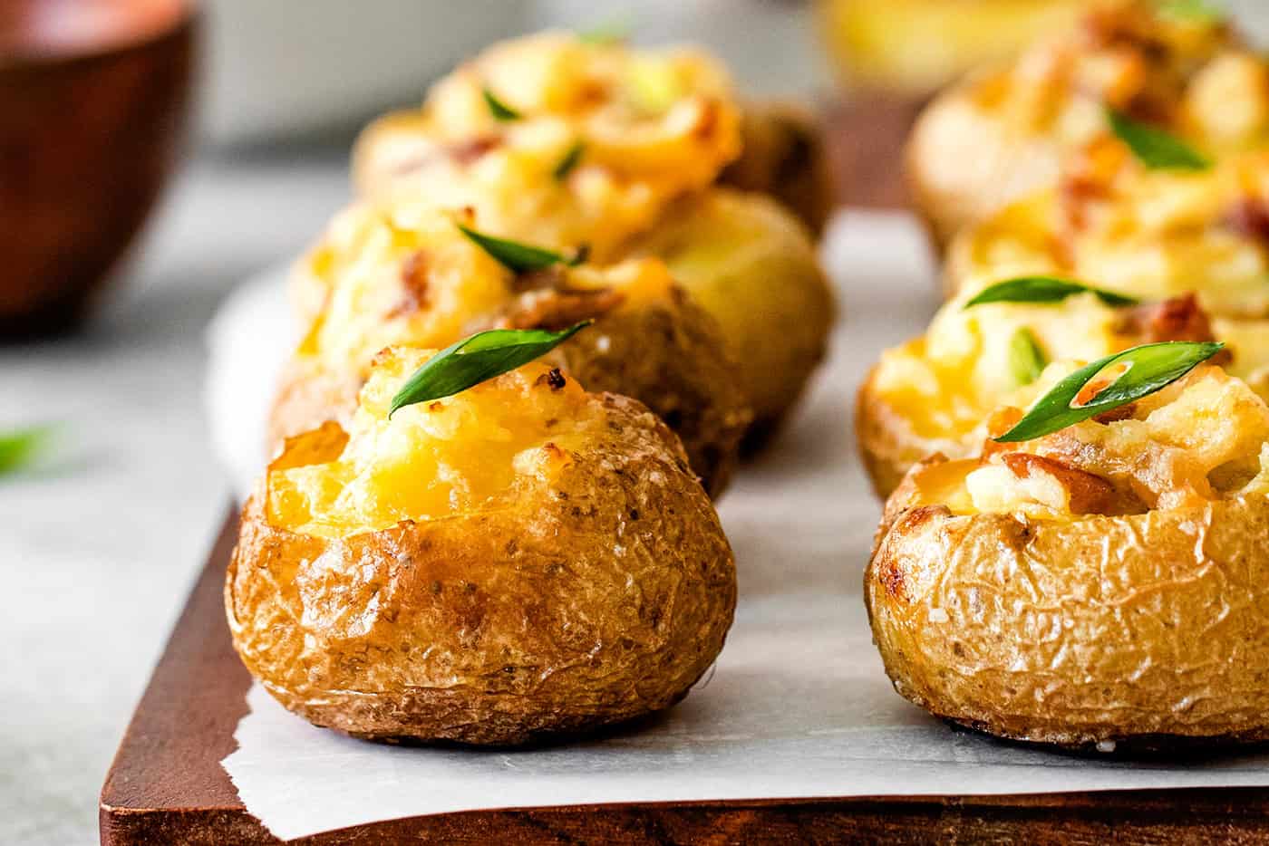 Close-up of mini baked potato bites