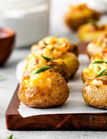 Angled view of mini baked potato bites