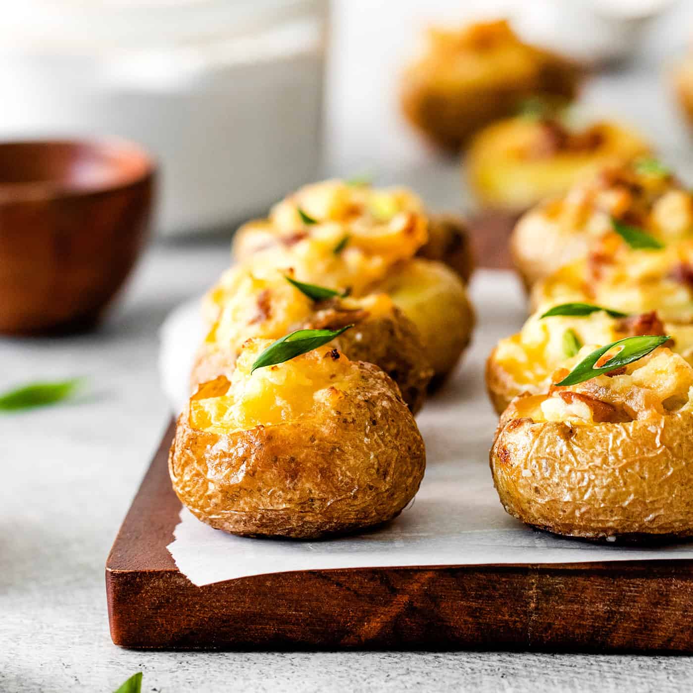 Angled view of mini baked potato bites