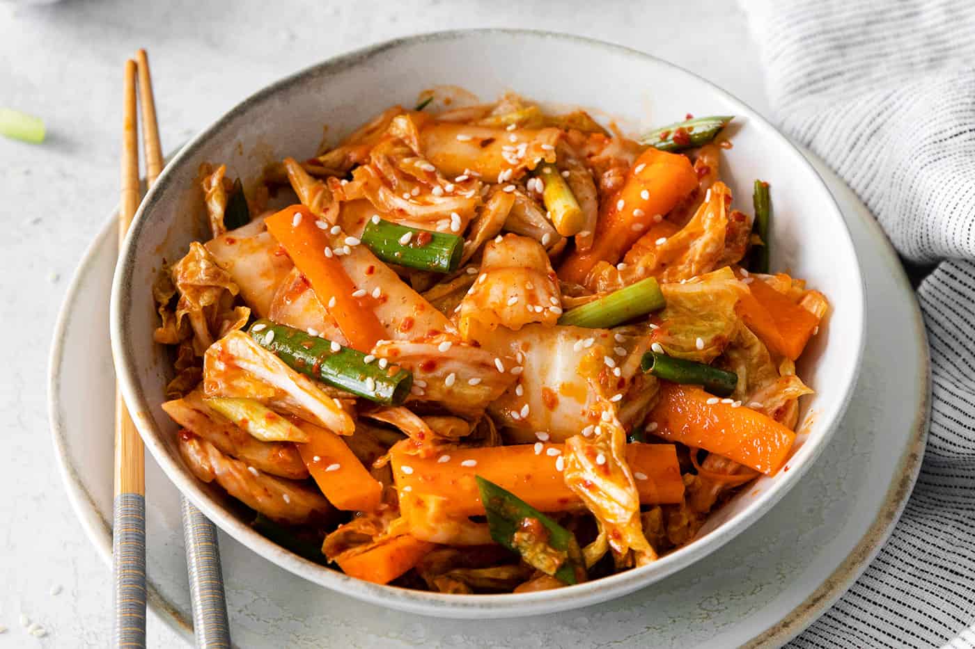 Angled view of a bowl of quick kimchi