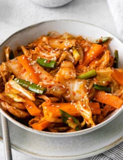 Angled view of a bowl of kimchi