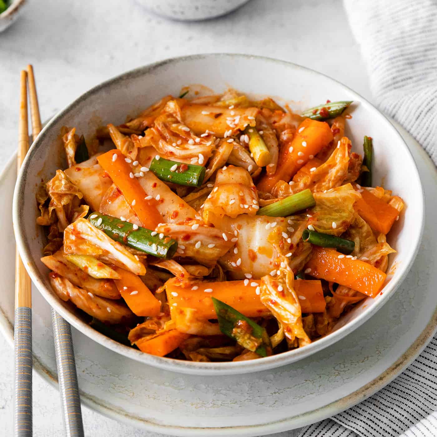 Angled view of a bowl of kimchi