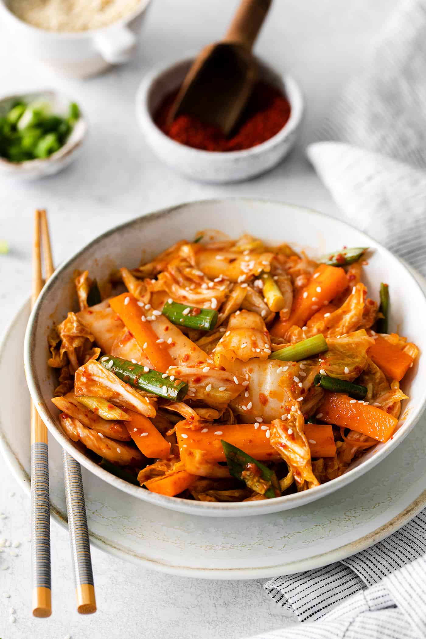 Angled view of a bowl of kimchi