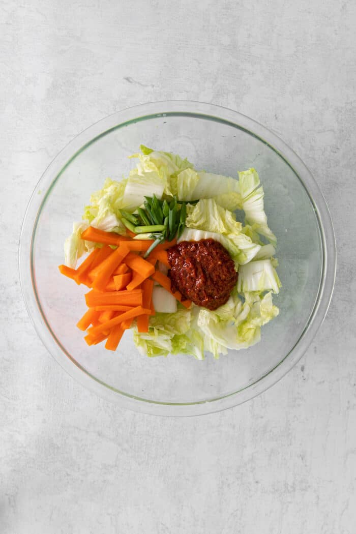 Cabbage, carrots, green onions, and kimchi paste in a bowl