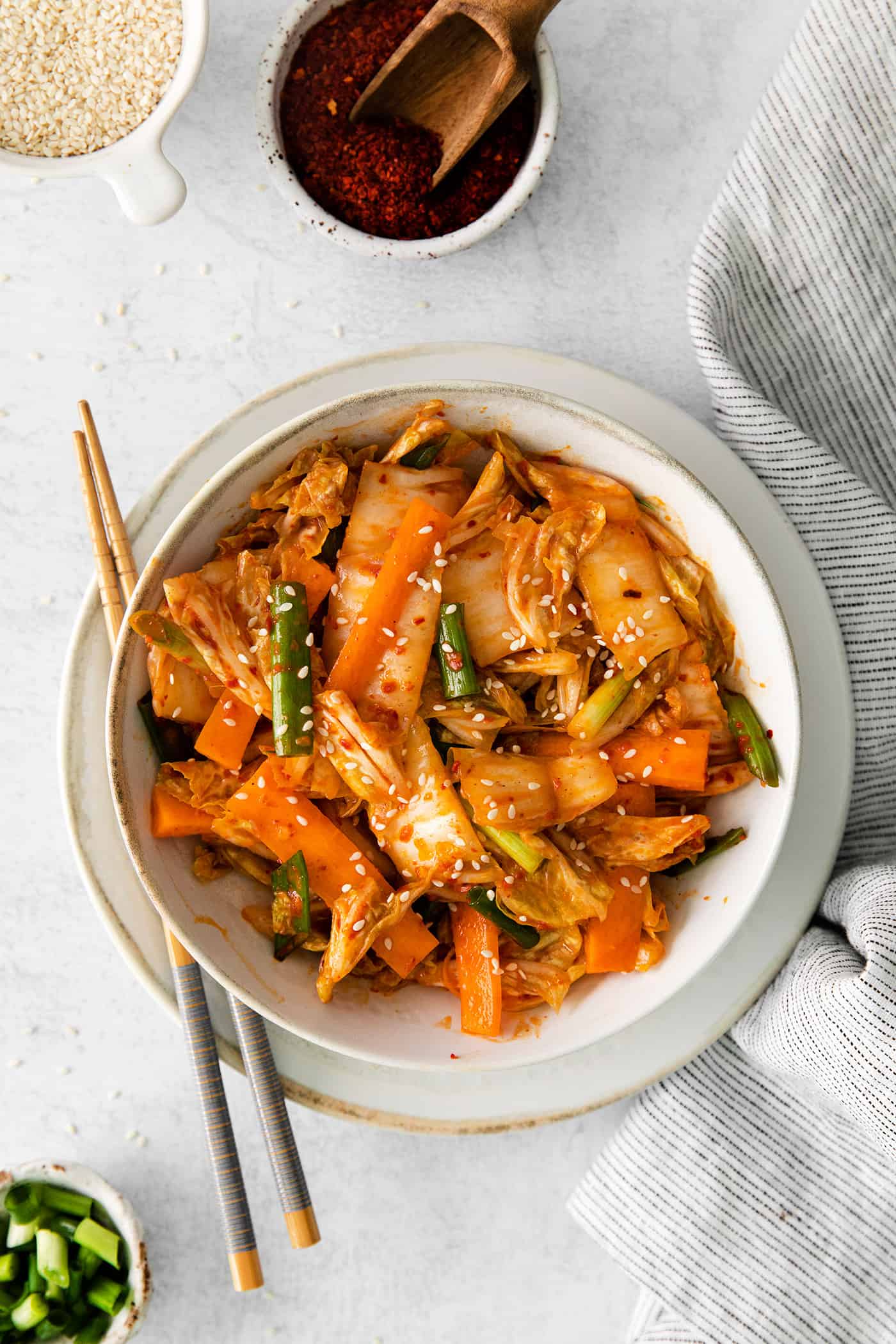 A white bowl of quick kimchi