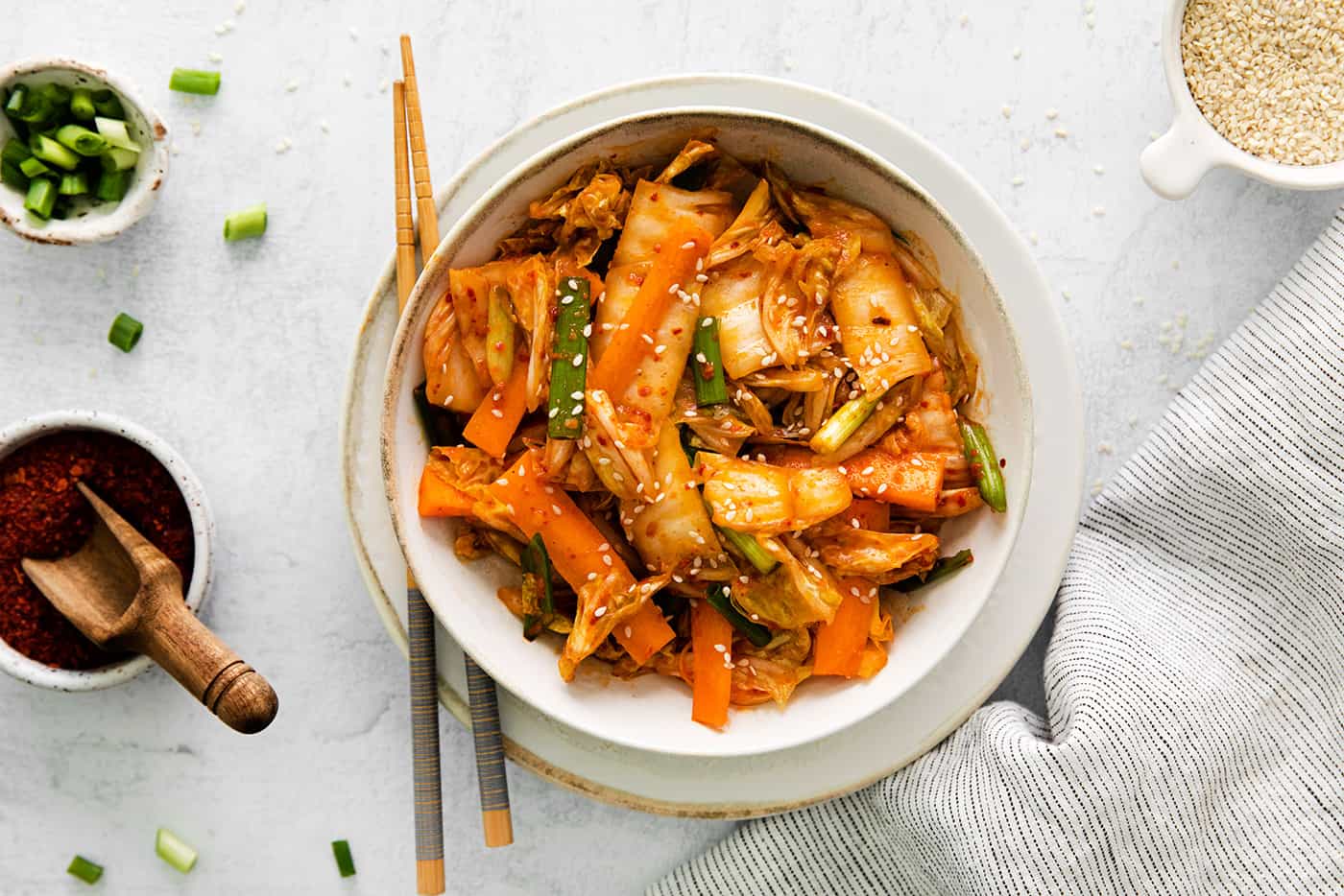 Overhead view of a bowl of kimchi